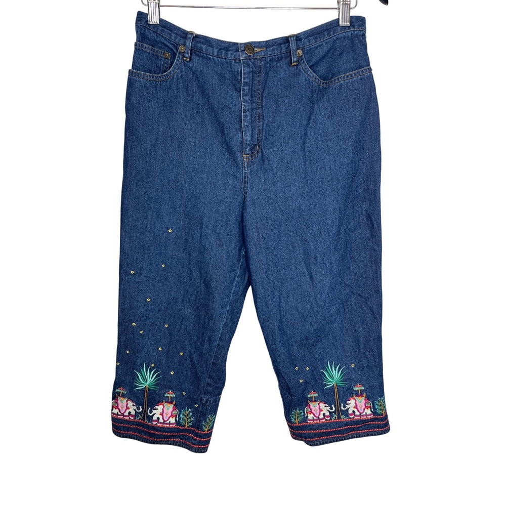 Cambridge Dry Goods Crop Jeans Womens 10 Blue Elephant Embroidered High Rise‎